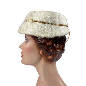 Vintage 50s Faux Fur Hat White Shaggy Fur Gold Sequin Bow Trim Cap